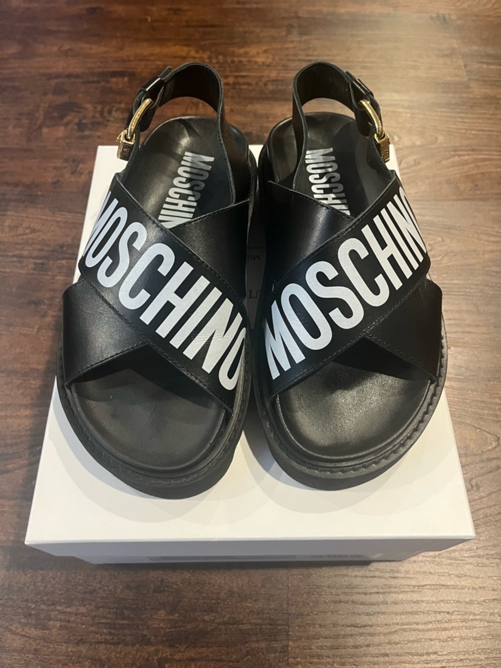 Moschino Black Logo Platform Loafers with Gold Accent